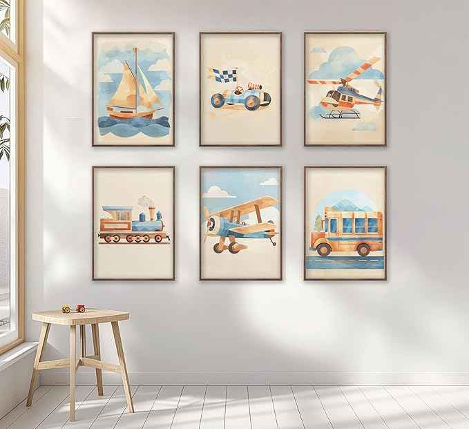 6Pcs Vintage Car Nursery Canvas Wall Art Watercolor Nursery Vehicle Airplane Ship Train Prints Pictures Blue Yellow Transportation Vehicle Painting Wall Decor for Children Room Home Unframed