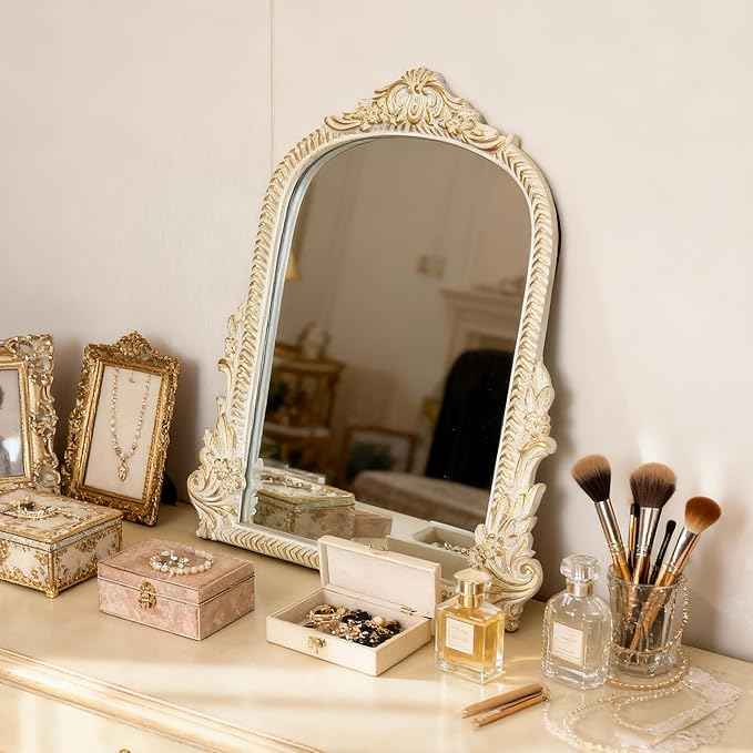 Baroque White Vintage Vanity Mirror 13x10 Inch, Wall-Mounted & Tabletop Dual-Use, Ornate Gold Accent Retro Decorative Mirror for Bedroom Dresser, Bathroom, Living Room and Dorm