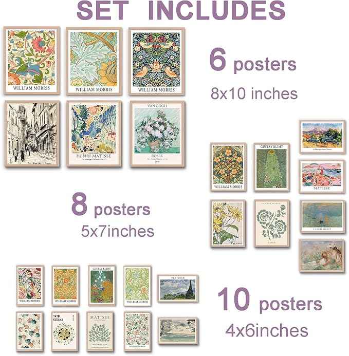 24 PCS Posters for Room Aesthetic，Matisse Wall Art Exhibition Posters，Vintage Eclectic Wall Art Decor, Boho Colorful Botanical Floral Dorm Gallery Home Decor(unframed)