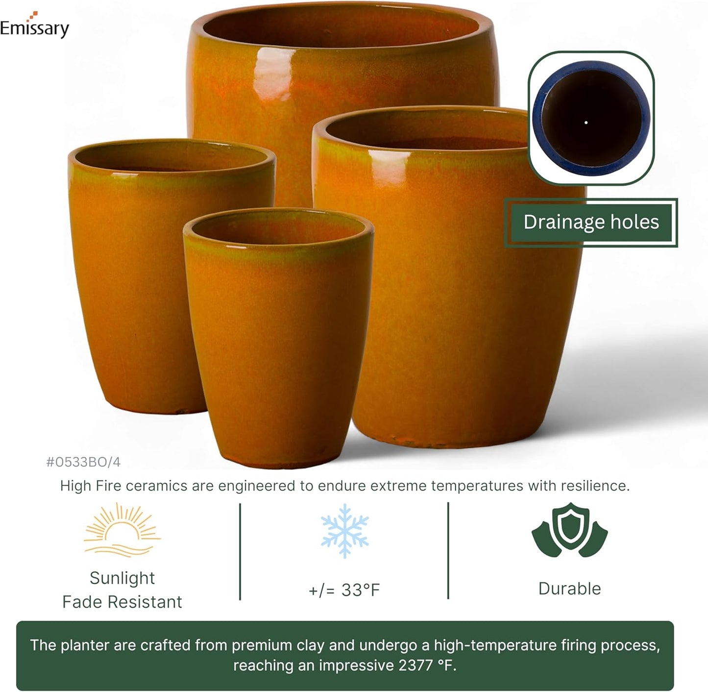 Emissary Bullet 14 in. Bright Orange Ceramic Round Planter (14 in. L x 14 in. W x 15.5 in. H) with Drainage Hole