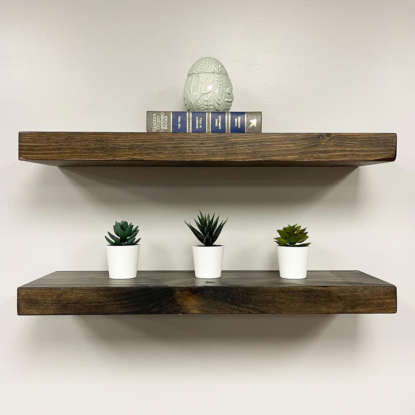 URBANDI, Rustic Floating Shelves, Set of 2, Hidden Bracket, Solid Wood, Heavy Duty, Wall Mounted Shelves, (Dark Brown, 24Wx10D)
