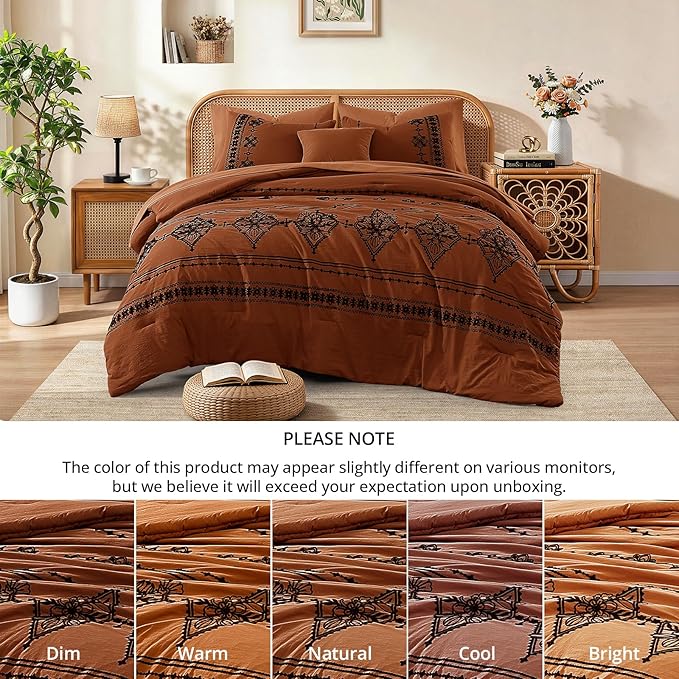 MaiRêve King Size Comforter Set Burnt Orange, Embroidery Floral Western Boho Bedding Set, All Season 7 Pieces Bed in a Bag with Sheets, Pillowcases & Shams