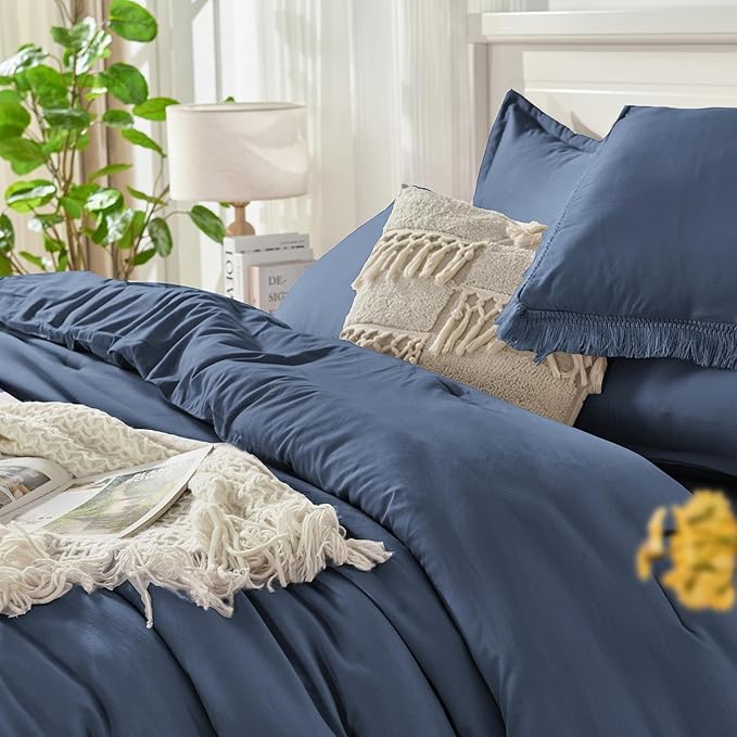 Andency Queen Comforter Set with Sheets Bluish Grey - 7 Pieces Boho Tassel Bed in a Bag Soft Lightweight Bedding Sets, Fringe Bed Set with Comforter, Sheets, Pillowcases & Shams