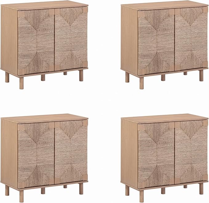 Nathan James Beacon Boho TV Stand, Free Standing Kitchen Cabinet Storage with Adjustable Interior Shelf and Seagrass Accent, Seagrass/Raw Oak, Set of 4