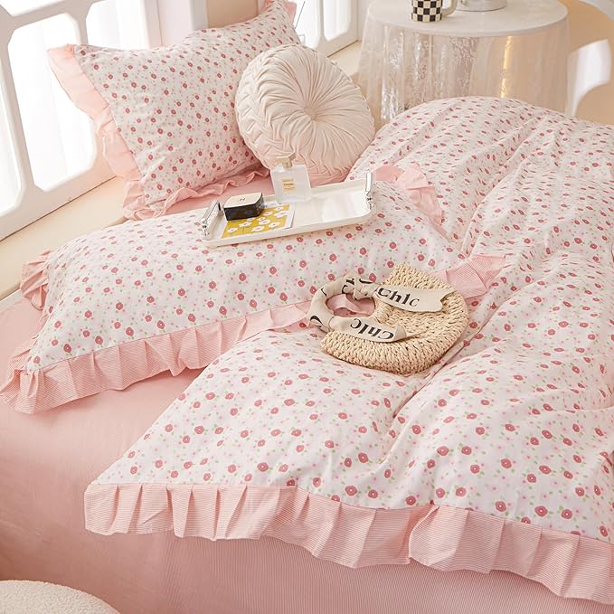 Pink Floral Comforter Set Full Romantic Ruffle Comforter with 2 Pillowcases Vintage Botanical Flowers Comforter Set for Girls Women Fluffy Soft Reversible Stripes Bedding Set with Lace for All Seasons