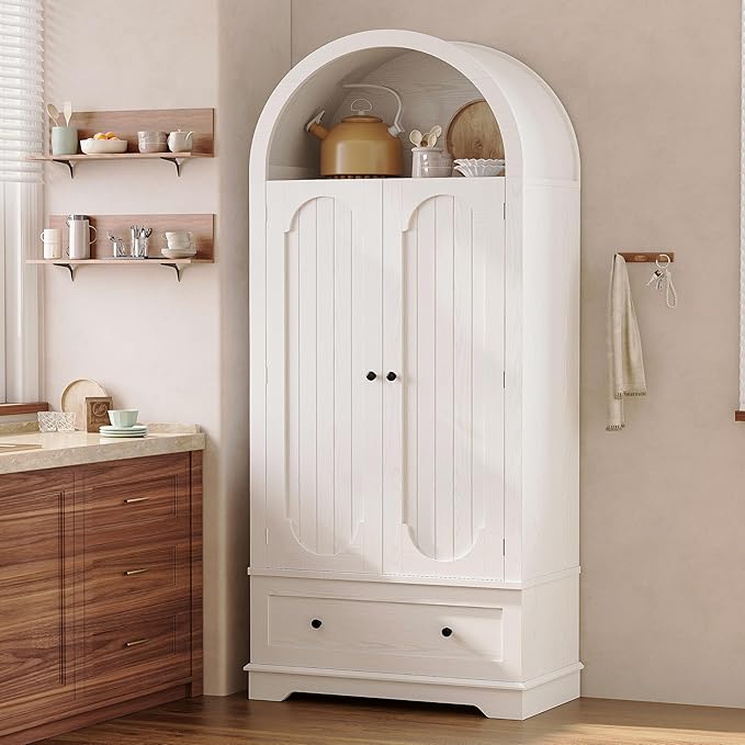 IRONCK 70.9" Tall Arched Kitchen Pantry, Kitchen Cabinet with Large Drawer, Adjustable Shelves, Arched Open Shelving, 2 Doors with Storage Shelves, Modern Versatile Cupboard for Kitchen, Dining Room