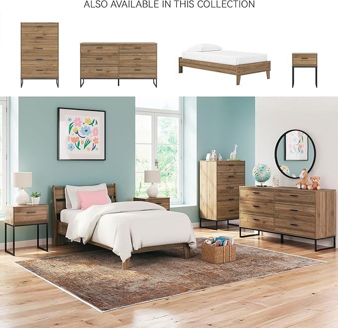 Signature Design by Ashley Deanlow Mid-Century Modern Twin Platform Bed with Metal Slats, Wood, Foundation or Box Spring Not Needed, Honey Brown (Headboard Not Included)