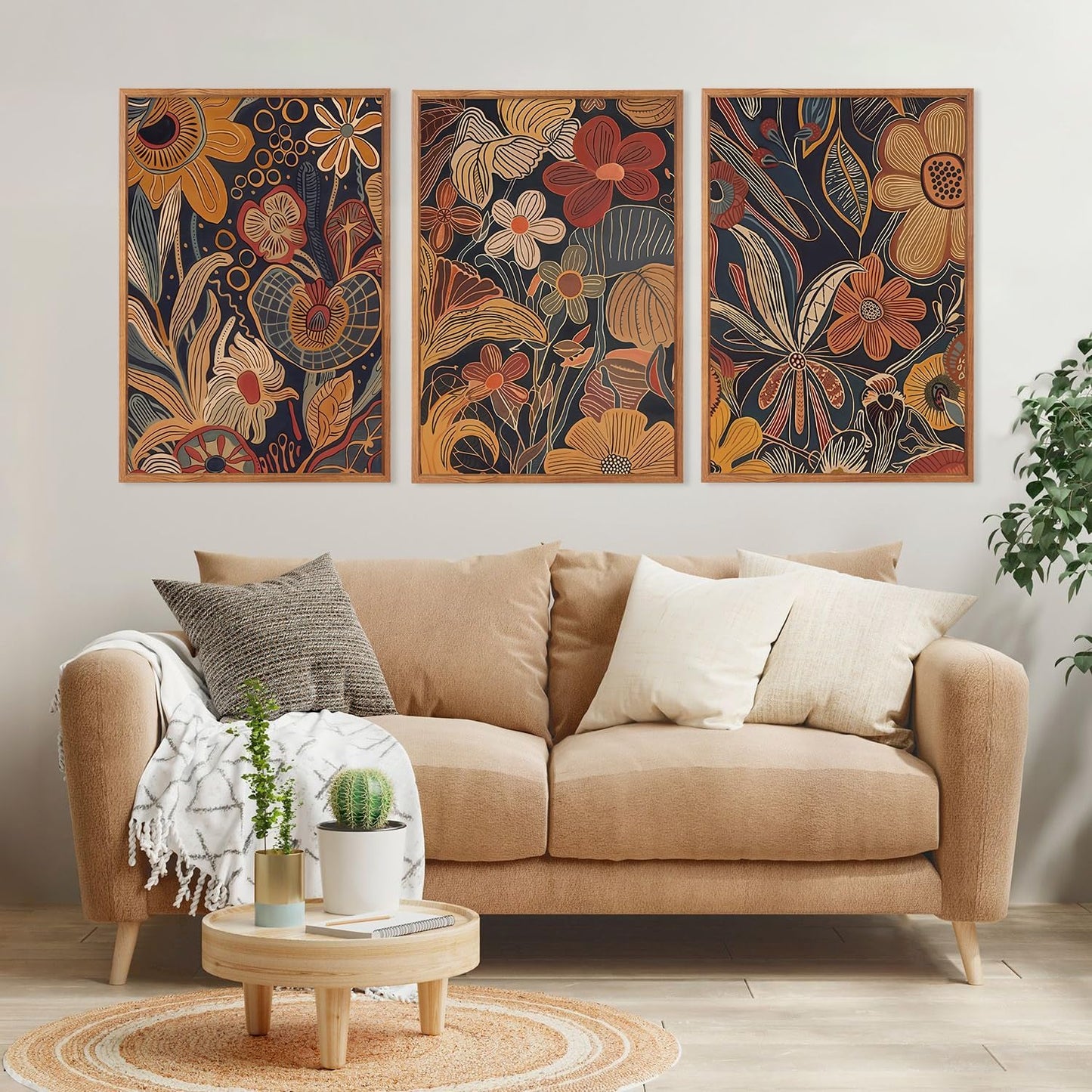 Aurlan Burnt Orange Wildflowers Botanical Wall Art Set(16"x24"), 3 Pieces Abstract Floral Blossom Framed Canvas Artwork, Large Mid Century Modern Boho Nature Wall Decor for Office Bedroom Living Room