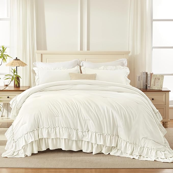 Andency Ivory Comforter Set Queen Size, Lightweight Fluffy Farmhouse Ruffle Bedding Set, Soft Microfiber All Season Shabby Chic Bed Comforter Set 3 Pieces(1 Comforter 2 Pillowcases)