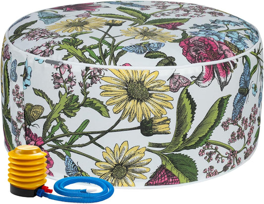 FUNHOME Inflatable Outdoor Ottoman with Air Pump,20"x9" Portable Patio Pouf,Water Resistant,Fade-Resistant,Round Blow Up Footrest Stools for Home Garden Camping Travel(Butterfly Flower)