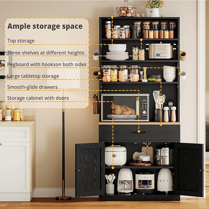 IRONCK Bakers Rack Microwave Stand with Customizable Pegboard and Storage, 71" Farmhouse Coffee Bar Cabinet with Drawer, Barn Doors, Adjustable Shelves for Kitchen, Dining Room, Living Room, Black