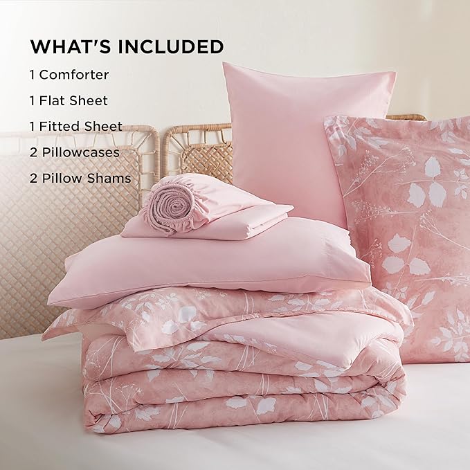 Bedsure Full Size Comforter Set - 7 Pieces Floral Pink Soft Bedding Sets, Full Bed in a Bag with Botanical Flowers Comforter, Sheets, Pillowcases & Shams