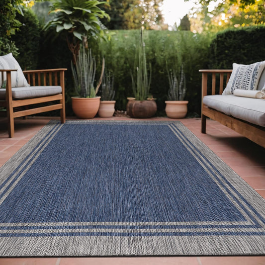 Bordered Outdoor Rug 10x14 Washable Outside Carpet for Indoor Patio Porch Waterproof Easy Cleaning Non Shedding Area Rugs Navy 10 x 14