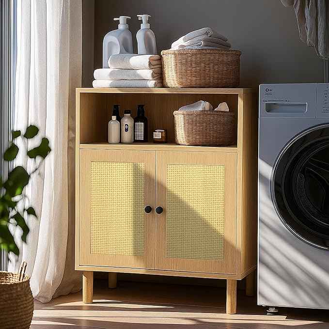 Rattan Storage Cabinet, Boho Accent Cabinet with Double Doors, Small Freestanding Sideboard for Hallway, Laundry Room,Kitchen, Dining Room, Entryway (Oak)