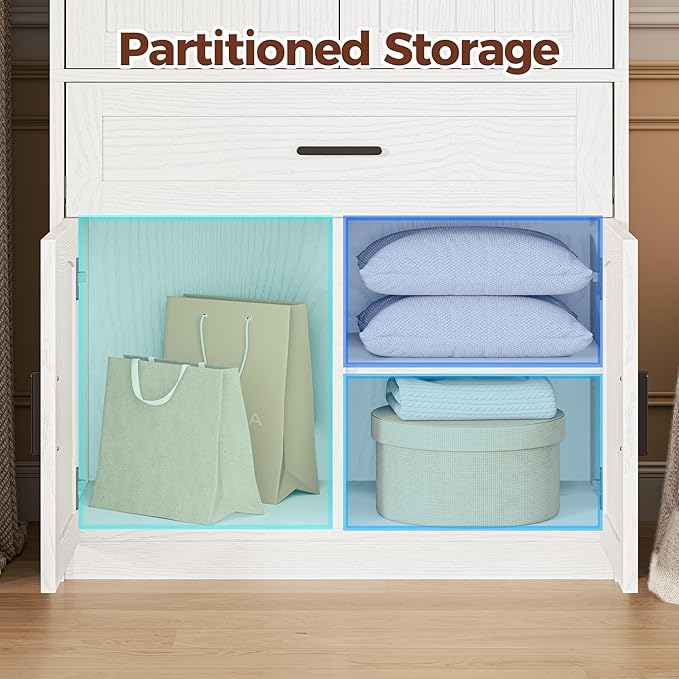 LIKIMIO 77" Tall Armoire Wardrobe Closet, Wooden Wardrobe with 4-Door and Drawer, White Clothes Storage Cabinet with Hanging Rod and Adjustable Shelves for Bedroom