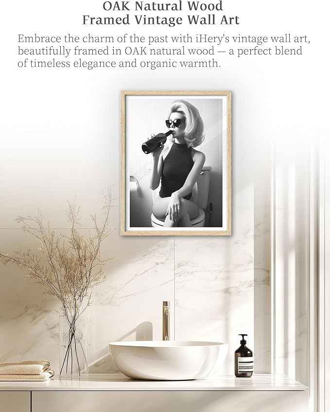 iHery Natural Wood Framed Woman On Toilet Drinking Wine Wall Art, 12x16in OAK Frame Black and White Funny Print, Alcohol Bathroom Poster, Retro Fashion Wall Decor Set of 1