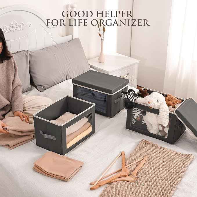 Fabric Bins with Lids, Large Storage Cubes with Window, Closet Organizers and Storage Bins for Clothes, Towel, Office
