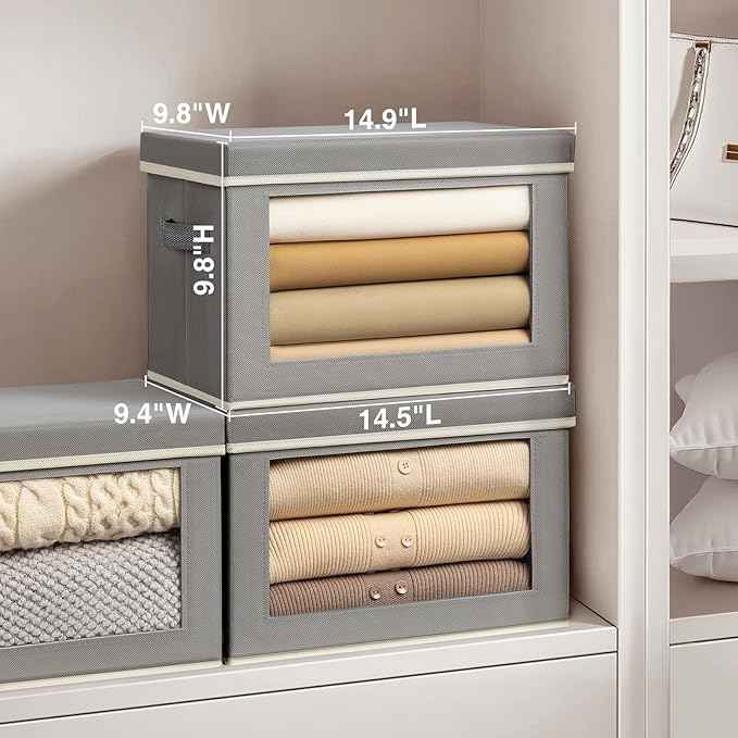 Stackable Storage Bins with Lids - Medium Storage Box with Lids, Foldable Closet Boxes for Organizing, Wardrobe Clothes Organizer with Window, Cubes Bins for Living Room, 5 Pack, Grey