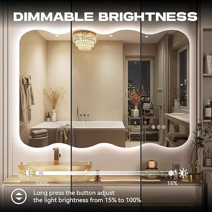 Hasipu Wavy Full Length Mirror with Lights - 28"×20" LED Wavy Floor Mirror, Frameless, Dimmable, Standing or Vertical/Horizontal Wall-Mounted Mirror for Bedroom, Living Room, Cloakroom