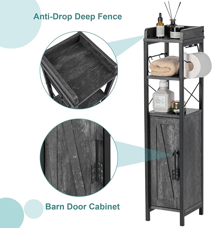 VECELO Small Bathroom Cabinet, Slim Toilet Paper Holder with Magnetic Door&2 Shelves, Narrow Storage Organizer for Bathroom Restroom Tiny Space, Fenced Top Waterproof Board, Coal Grey