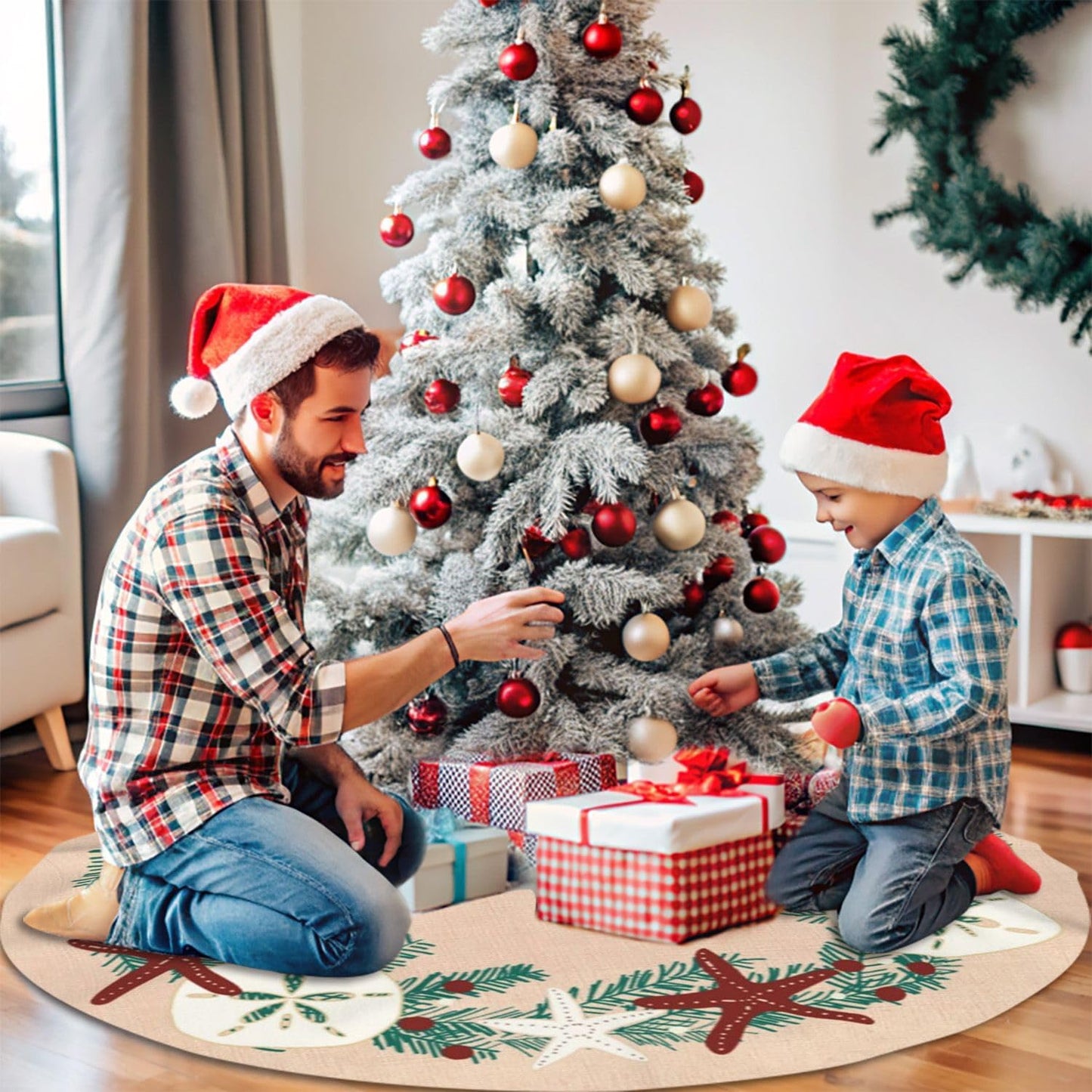 48" Large Christmas Tree Skirt, Coastal Rustic Beach Christmas Holiday Starfish Pattern Tree Mat Base Cover for Xmas Festive Holiday Party Decoration Ornaments