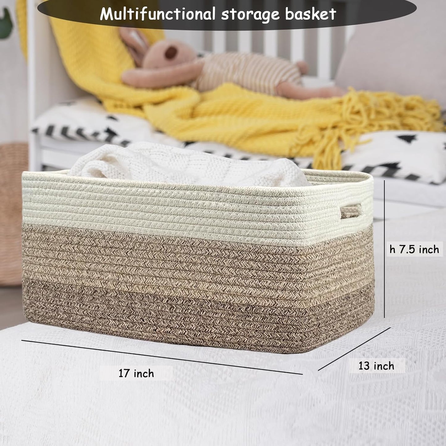 COMFY-HOMI Cotton Rope Woven Basket with Handles for Shelves,Toys,Book, Cloth Storage Baskets for Organizing-17" x 13" x 7.5" Toy Decorative Organizer for Living Room, Bathroom （white/3 brown）