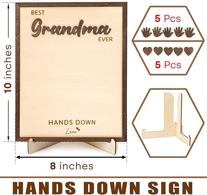 Best Grandma Ever DIY Hands Down Sign Wooden Handprint Frame DIY Gifts, Mother's Day Personalized Gifts for Mom Grandma from Daughter, Son, Kids, Family Memories Sign with Kids Names, Custom Birthday Gift for Mom
