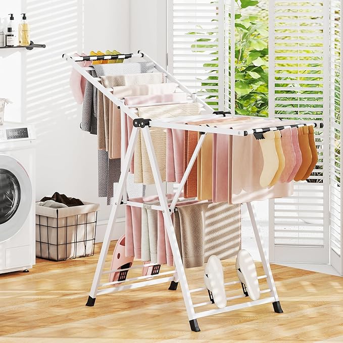 Giantex Clothes Drying Rack, Foldable Metal Laundry Drying Rack with Height Adjustable Wings, 16 Drying Rails, Sock Clips & Shoe Racks, Freestanding Clothing Stand for Indoor & Outdoor, White