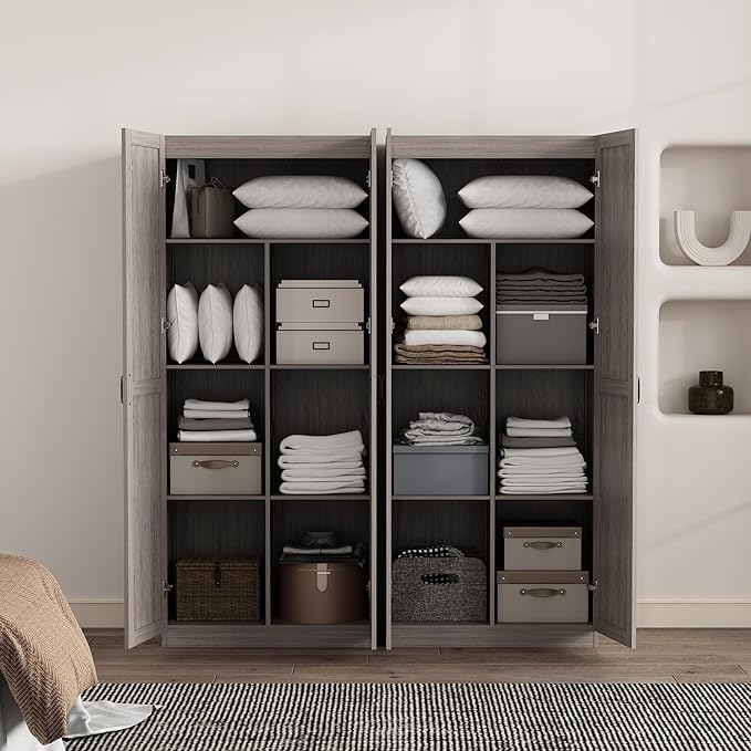 Manhattan Comfort Cornelia Modern Tall Storage Cabinet with Doors and Adjustable Shelves 1.0 - Freestanding Pantry Organizer for Kitchen, Laundry Room, Garage, or Mudroom, Set of 2, Grey