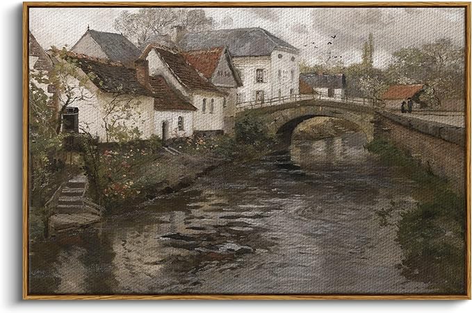 InSimSea Framed Canvas Wall Art Vintage Decor, Riverside Small Town Large Canvas Prints Home Decor, Rustic Farmhouse Hanging Wall Decor for Bedroom Living Room, 24"x36"