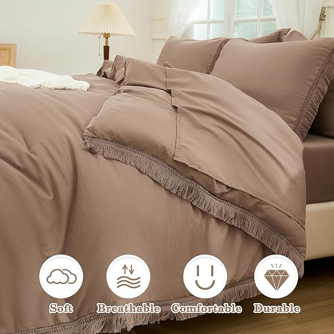 Andency Taupe Queen Size Comforter Set with Sheets - 7 Pieces Boho Tassel Bed in a Bag Soft Lightweight Bedding Sets, Taupe Fringe Bed Set with Comforter, Sheets, Pillowcases & Shams