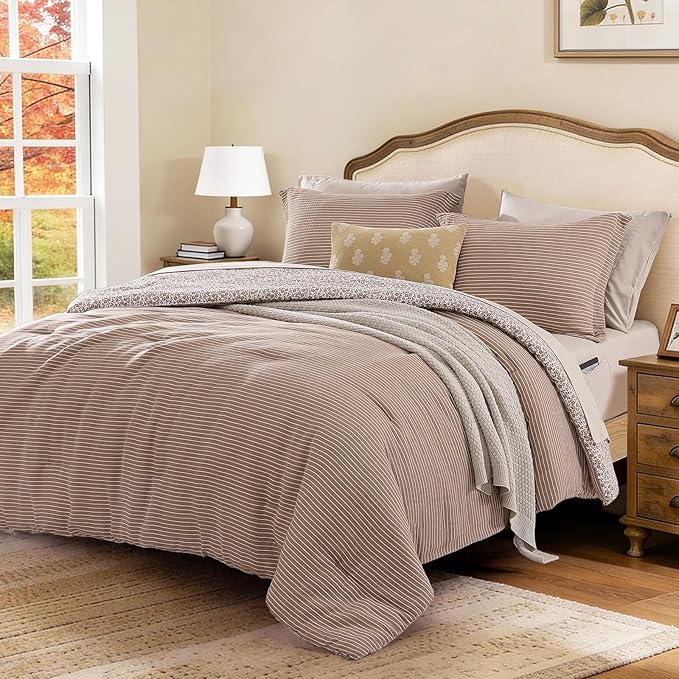 Queen Comforter Set - 7 Pieces Dark Brown Gauze Muslin Bedding Sets for All Seasons, Lightweight Breathable Bed in a Bag Queen with Revesible Farmhouse Comforter, Sheets, Pillowcases & Shams