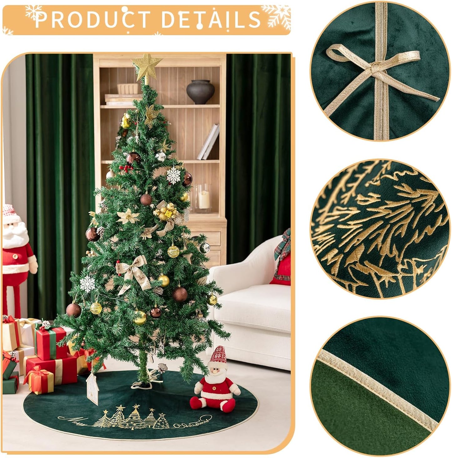 CROWNED BEAUTY Christmas Tree Skirt Velvet Collar 50 Inch Embroidered Gold Soft Plush Fur Holiday Decoration (Green) TS43-50