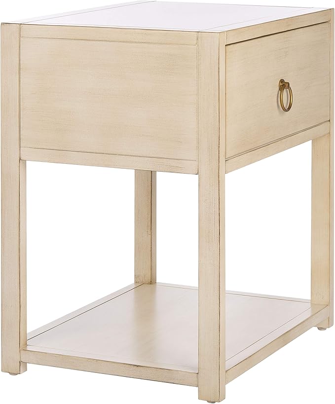 SAFAVIEH Home Collection – Yudi Antique White & Gold 1-Drawer Nightstand with Shelf, Classic Accent Table for Bedroom Storage, Fully Assembled (NST9201B)