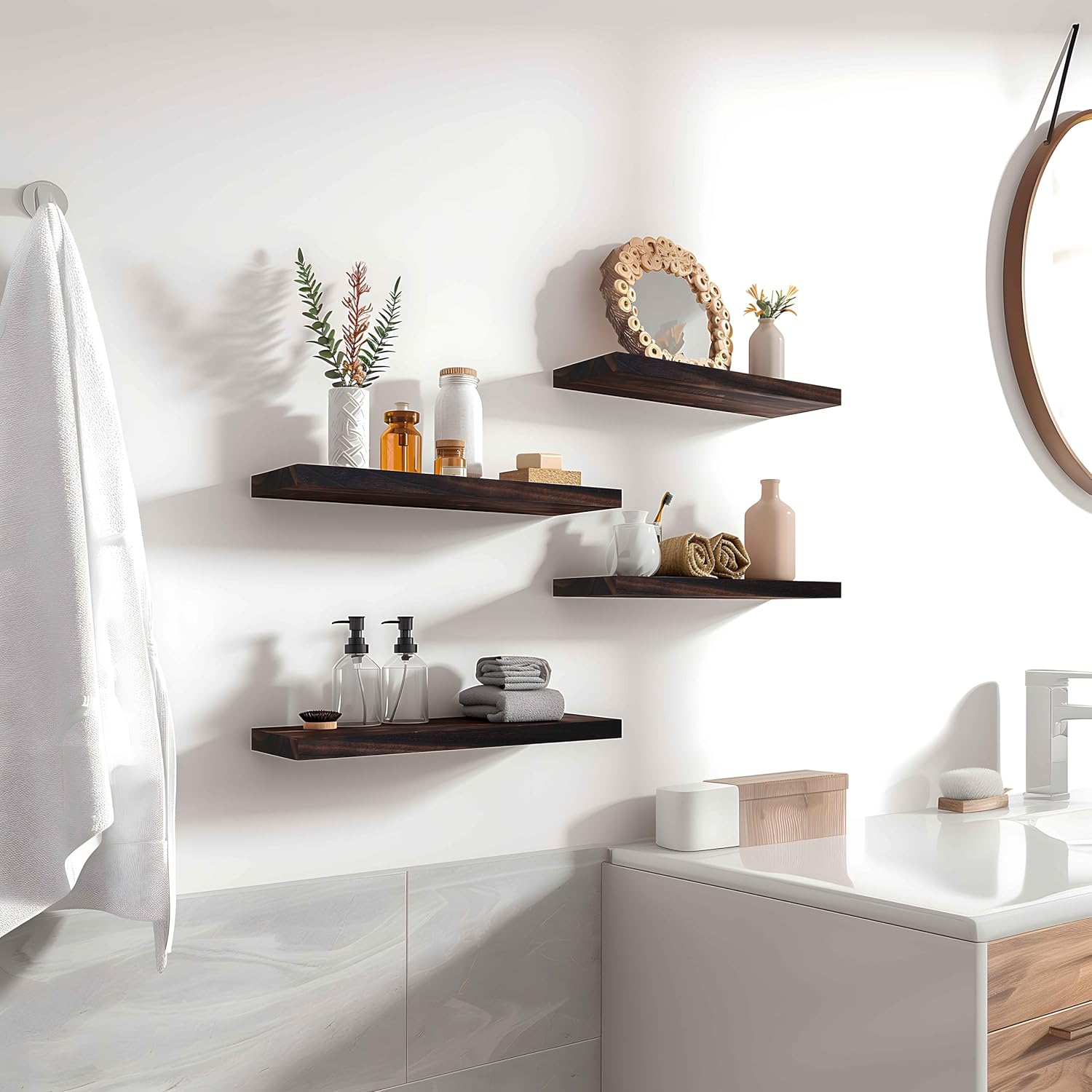 Wood Floating Shelves for Wall Decor, Rustic Wall Shelves for Bedroom Bathroom Kitchen Living Room, Set of 6 Walnut - Décor Diaries
