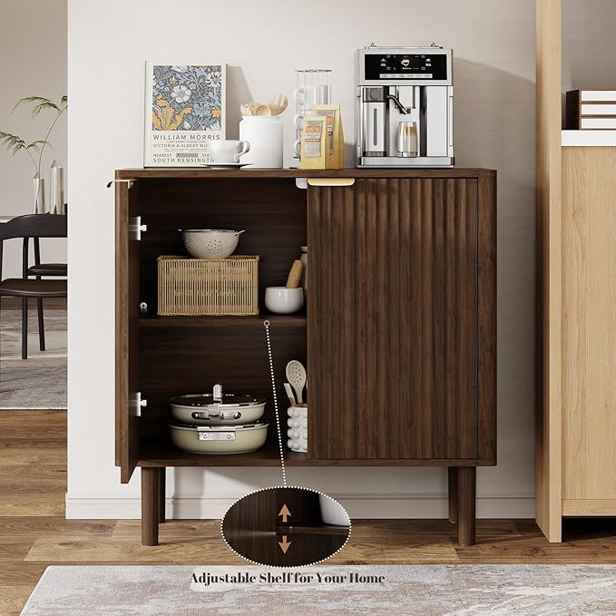 Sideboard Buffet Cabinet with Storage, Modern Fluted Accent Credenza with Doors & Adjustable Shelves, Wood Coffee Bar Console Table for Living Room, Dining Room, Entryway 31.5"(2pcs) Walnut