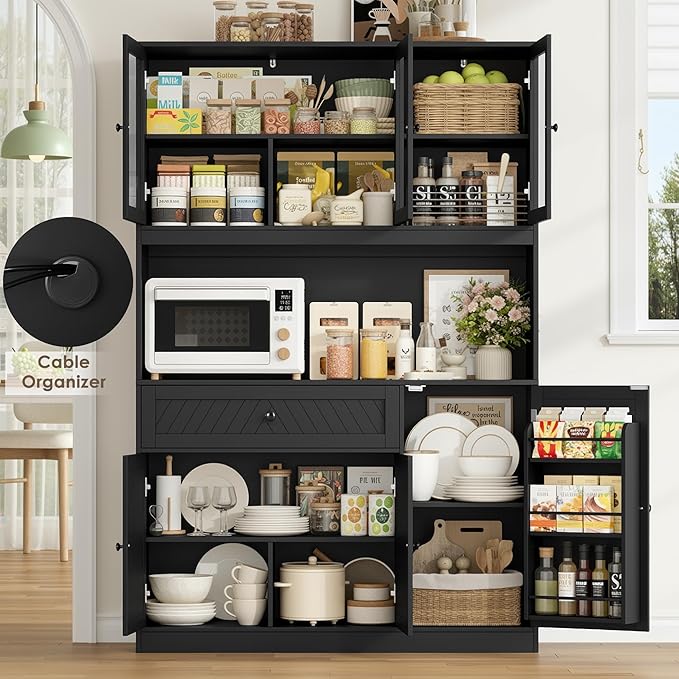 72” Tall Kitchen Pantry Storage Cabinet, Modern White Kitchen Hutch with Large Storage Drawer, Countertop, Adjustable Shelves, Food Pantry Cabinets for Dining Room, Living Room (Black)