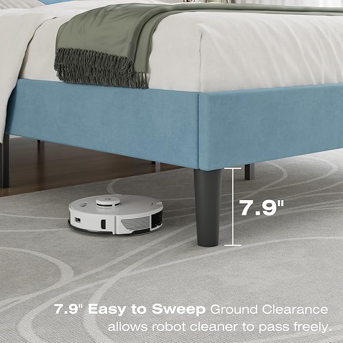 VECELO Queen Size Bed Frame with Upholstered Headboard, Heavy-Duty Bedframe with Wooden Slats & Steel Framework, Easy Assembly, Light Blue