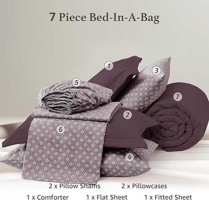 Monbix Queen Comforter Set - 7 Pieces ltalian Plum Prewashed Bed in a Bag Queen Bedding Sets with Comforters, All Seasons Ultra Soft Comforter Bed Set with Sheets,Pillowcases & Shams