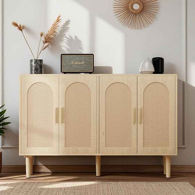 Modern Rattan-Door Sideboard Cabinet – 4-Door Credenza Buffet with Ample Storage, Large Accent Cabinet for Entryway, Living Room, Dining Room & Kitchen, Natural