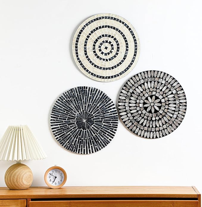 Tioncy 3 Pcs 3 Pcs 11.8 Inches Mother of Pearl Shell Plate Coastal Wall Art Mosaic Wall Sculpture Shell Handmade Hanging Plates Arts for Halloween Christmas Bedroom Bathroom Home Office Hotel(Black)