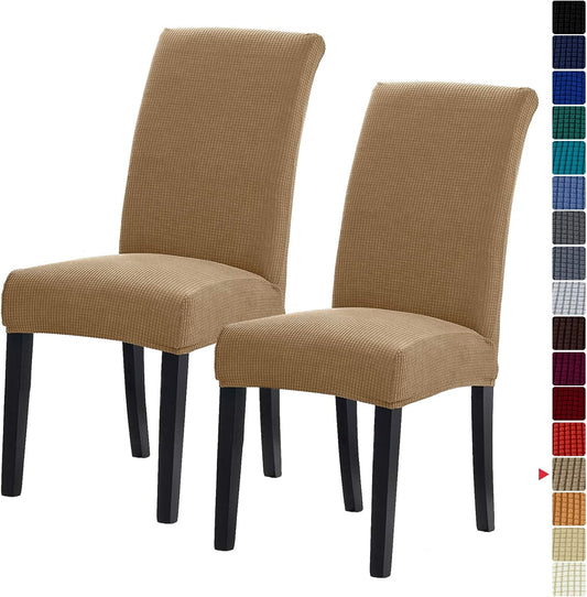 Howhic Stretch Chair Covers for Dining Room Set of 2, Removable Washable Dining Room Chair Covers, Dining Chair Slipcovers Seat Protector, Great Home Decor and Banquet Upholstery (Tan, 2 Pack)