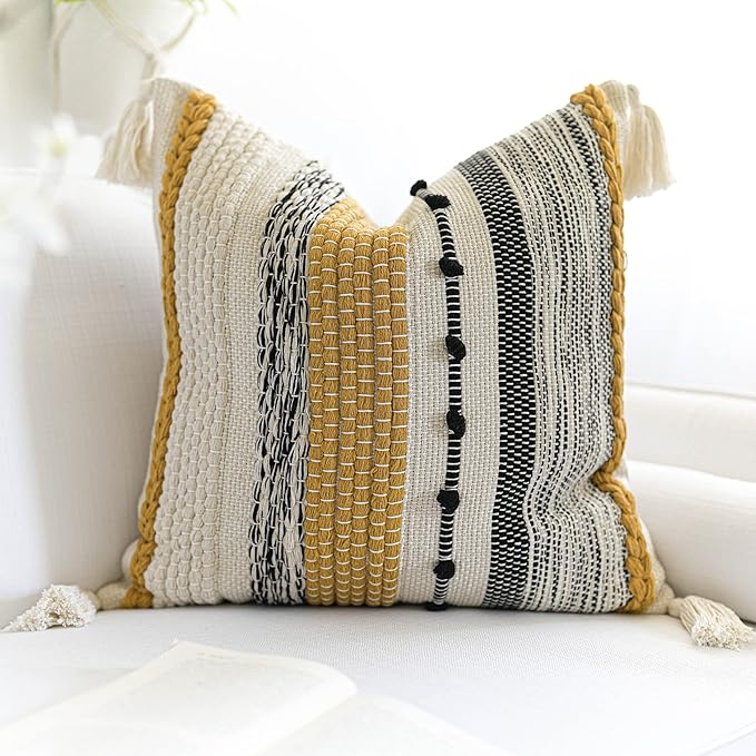 BlissBlush Yellow Mustard Decorative Throw Pillow Cover 20x20 Square Boho Accent Pillowcase Tassels Farmhouse Cushion for Couch Sofa Bedroom Living Room Home Décor Cover ONLY