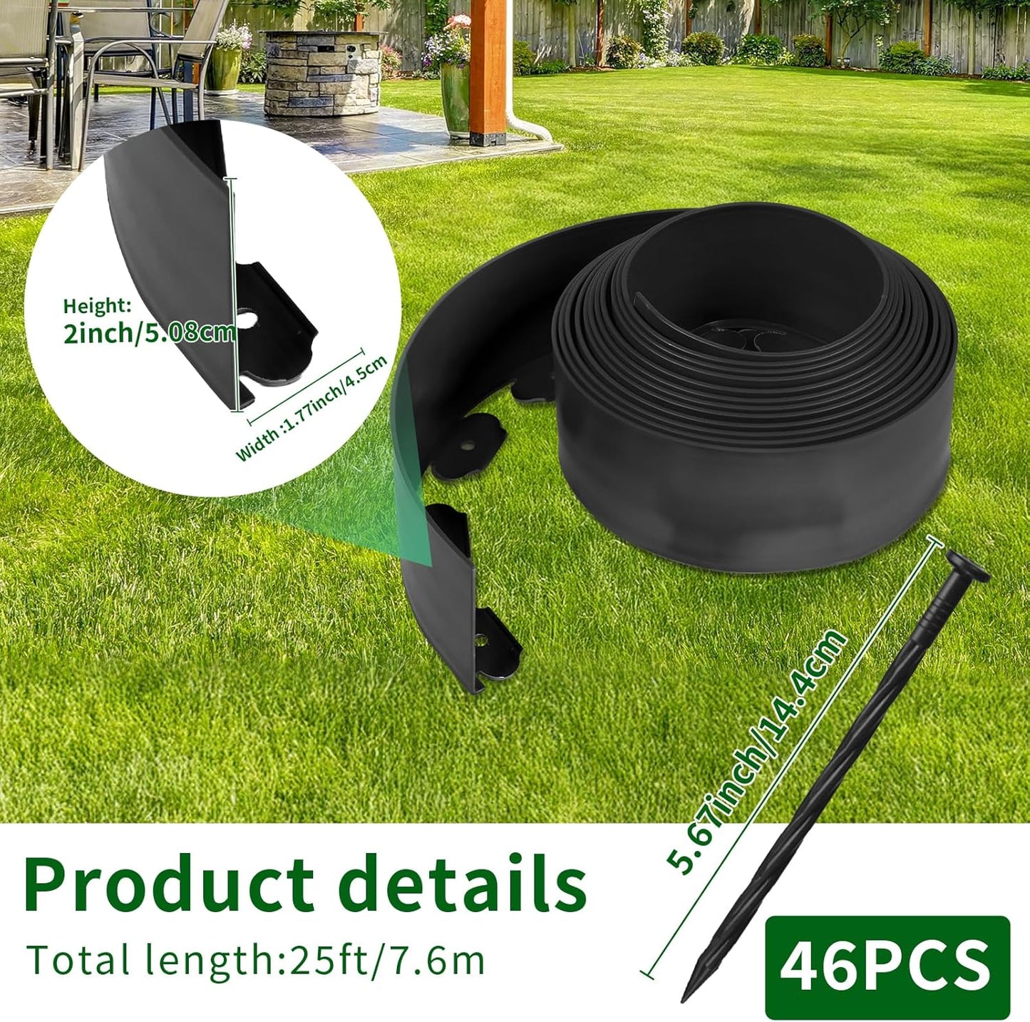 2 in x 25 Ft Garden Landscape Edging, No Dig Garden Edging Border Kit with 46 Pcs Spikes for Flower Bed Lawn Yard Grass Black