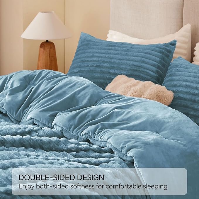 BEDELITE Fleece Oversized Queen Comforter Set -Super Soft & Warm Fluffy Blue Fog Bedding, Luxury Fuzzy Heavy Bed Set for Winter with 2 Pillow Cases