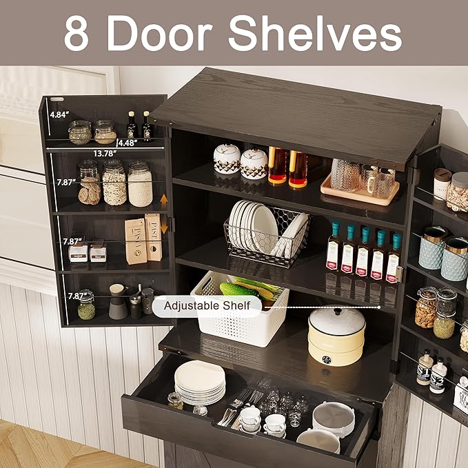72" Kitchen Pantry Storage Cabinet with Doors and Shelves, Wood Farmhouse Pantry Storage with Barn Doors for Kitchen, Dining Room, Living Room, Dark Brown