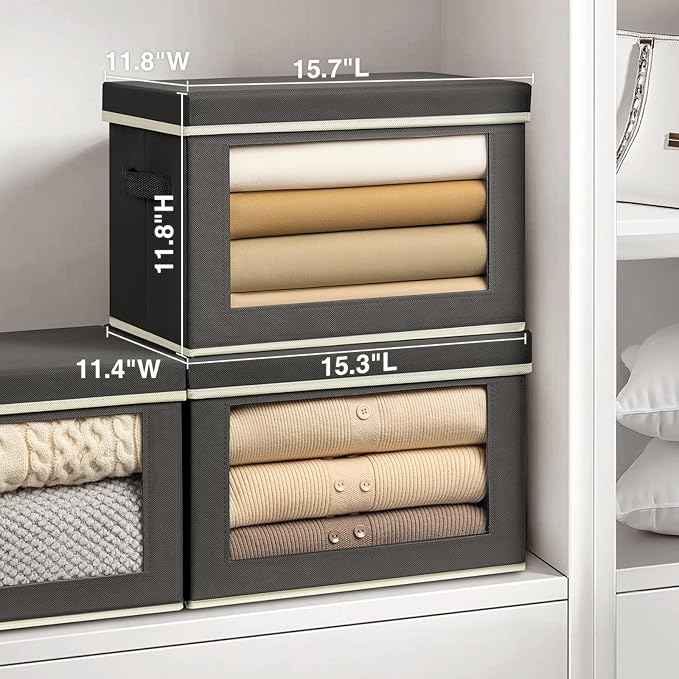 Stackable Storage Bins with Lids - Large Storage Box with Lids, Foldable Closet Boxes for Organizing, Wardrobe Clothes Organizer with Window, Cubes Bins for Living Room, 4 Pack, Dark Grey