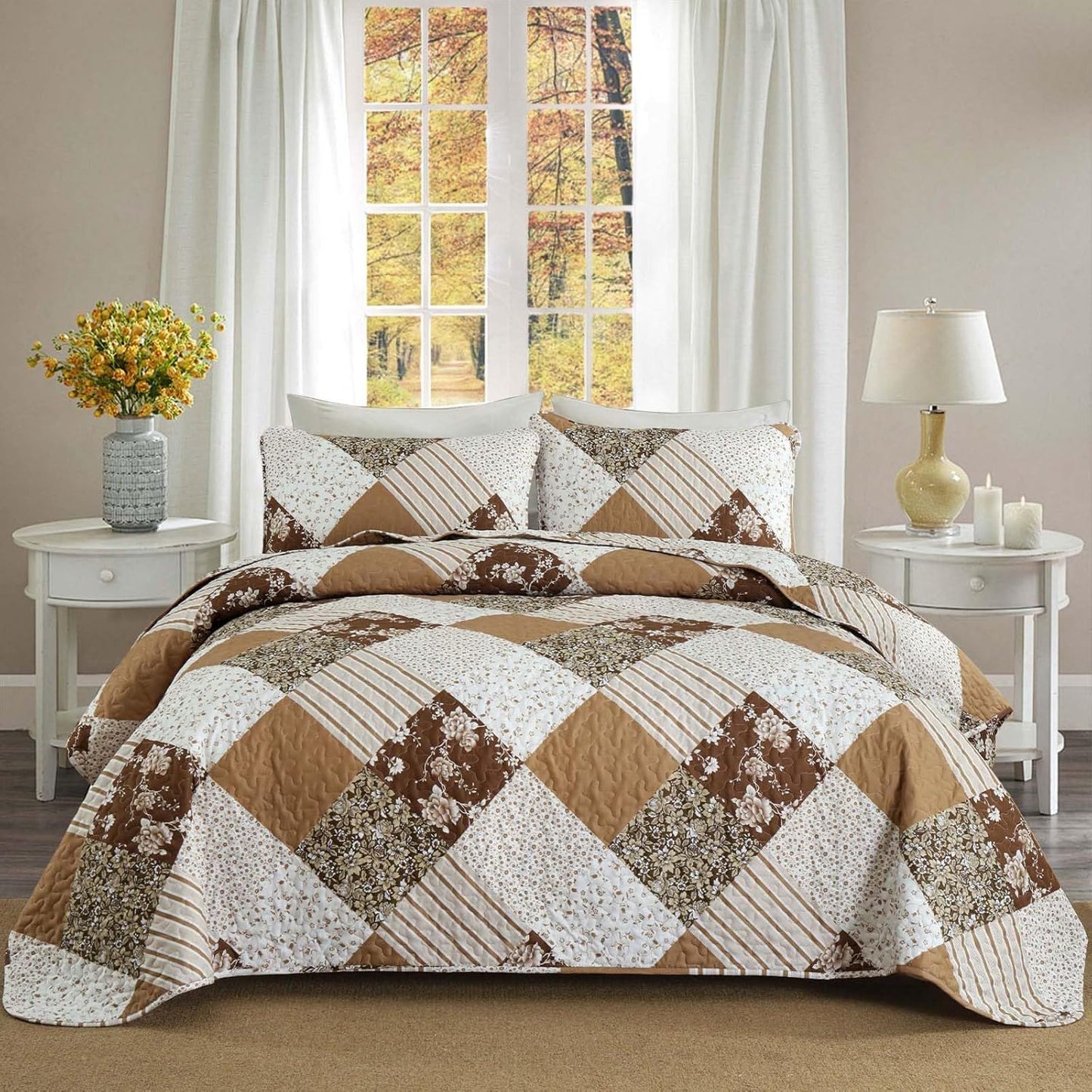 Dobuyly Fall King Size Bedspread, Brown Floral Plaid Patchwork King Size Quilts Fall Bedding Set, Soft Lightweight Microfiber Coverlet Set (1 Quilt, 2 Pillow Shams)