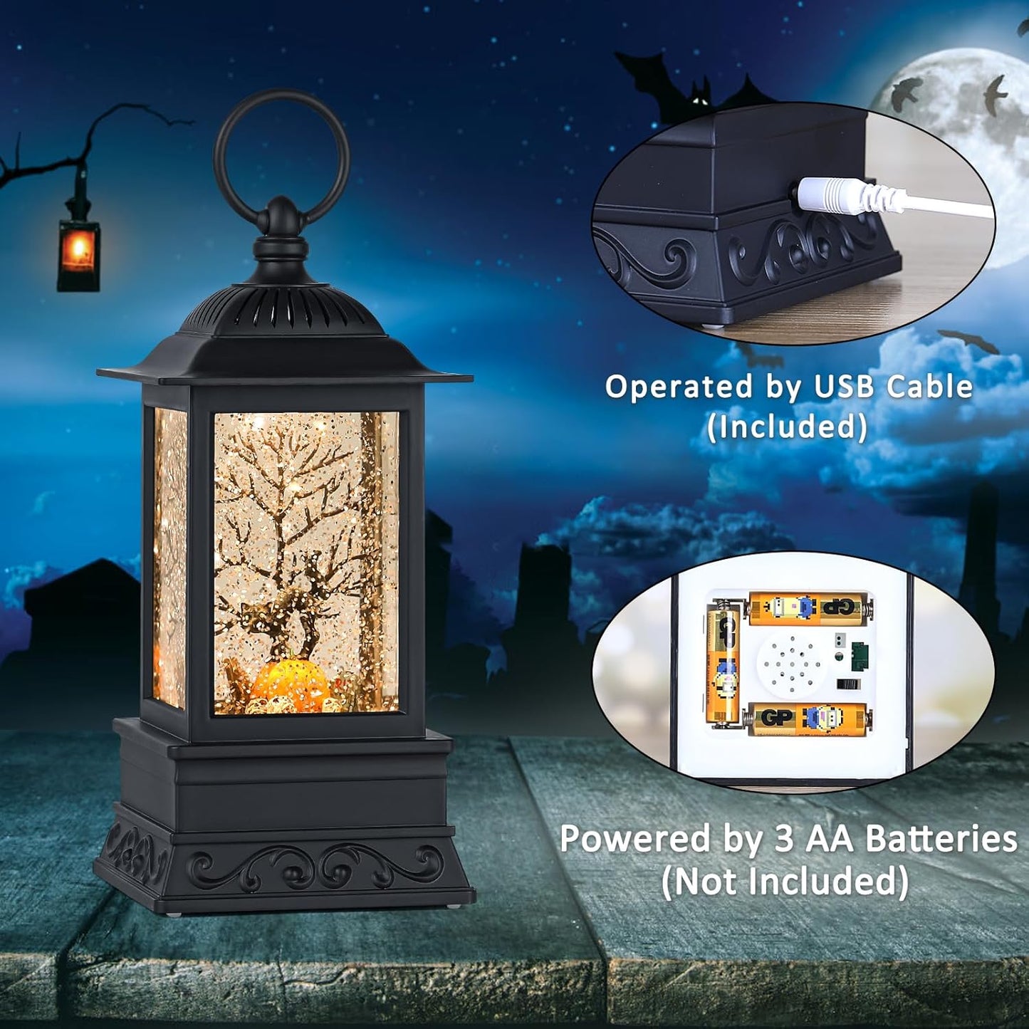 Halloween Snow Globe Black Cat Lantern, Glitter Lighted Snow Globes Halloween Decorations for Home, Light Up Snowglobe Halloween Décor