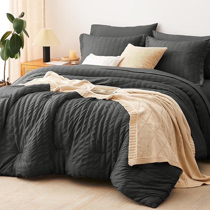 CozyLux Twin Comforter Set with Sheets Seersucker 5 Pieces, Dark Grey Bed in a Bag for Bedroom, Textured Luxury Soft Bedding Set with Down Alternative Comforter, Sheets, Pillowcase & Sham All Seasons